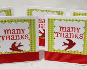 Holiday Mini Thank You Cards Handmade Set of 24, Christmas, Red and Green, Red Birds, Mini Cards, Thank You Cards