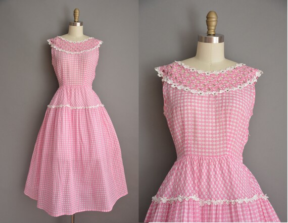 pink gingham cotton vintage 1950s Vicky Vaughn dress with a