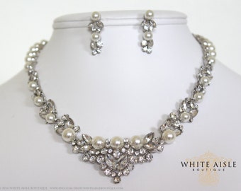 Pearl Necklace, Pearl Bridal Jewelry Set, Statement Necklace, Vintage Inspired Pearl Necklace, Pearl Earrings, Wedding Jewelry Set