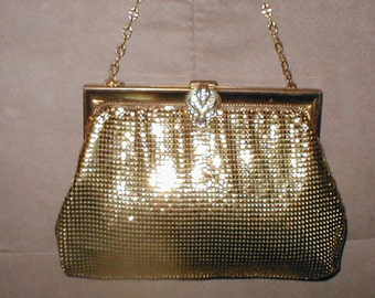 Vintage WHITING & DAVIS Gold Metal Mesh Purse w/ Rhinestone Clasp