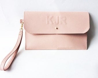 Bridal Clutch Personalised Leather Embossed Nude Beige Blush Leather Minimal Custom Purse Pouch Wedding Bridesmaid Mothers Day Evening Bag