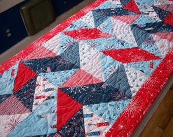 Patriotic Table Runner Red White Blue Stars Memorial Day Freedom Land of the Free Quilted Quiltsy Handmade Fireworks FREE U.S. Shipping