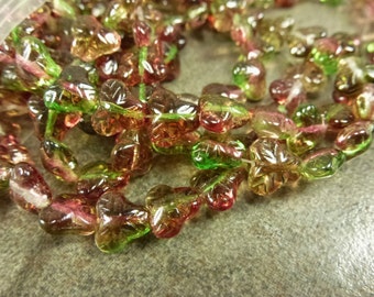 Peach/Pear Berry Leaves Czech Glass 9mm 25pc Dual Coated Berry