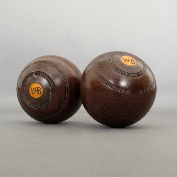 Vintage Lawn Bowls from England Pair of Lignum Vitae Lawn