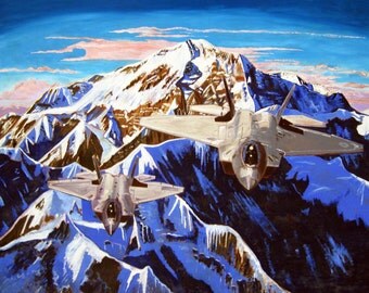 Denali Art Print, F-22 Raptors Print, Alaska Mountain Landscape, Gift for Air Force Pilot, War Bird Print, Scott Clendaniel, Elmendorf AFB