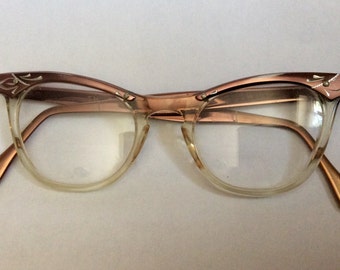 Vintage 1950s - 69's Cats Eye Glasses Roackabilly Brozetone Engraved & Clear Plastic Frames
