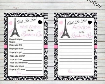 Paris Bridal Shower Instant Download Advice for the Bride to Be & Well Wishes for the Bride to Be Cards Eiffel Tower Parisian Theme BD60B