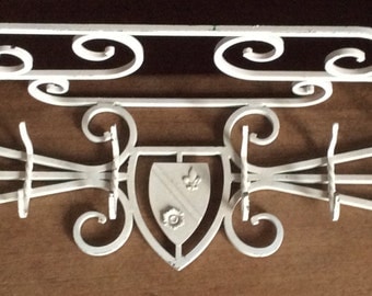 French Country Iron Coat Hat Rack with Hooks and Shelf, Fleur-de-Lis Decor
