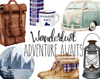 Travel clipart - Wanderlust print - Camping clipart - Campervan illustration - Watercolour clipart - Commercial use clipart - Leather bag