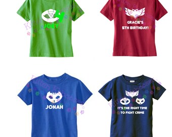 PJ Masks Superhero T-shirt with Custom Personalization / Owlette / Cat Boy / Gekko / Luna Girl / Romeo / Disney Junior Cartoon / Bad Guy