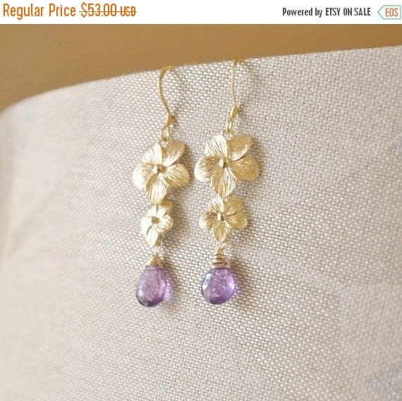 ON SALE Gold Plumeria Flowers Jewelry Set with Purple Amethyst