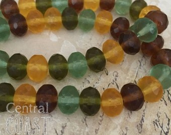8mm x 6mm Czech Glass Bead Spacer Rondelle Donut (10) Bohemian Woodland Mix - Matte Yellow Green Brown - Earth Tone - Central Coast Charms