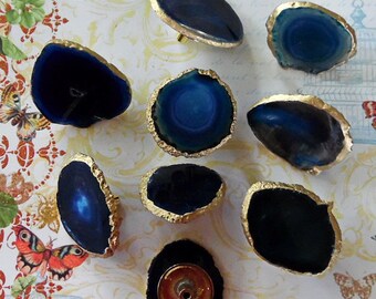 Small Custom Blue Agate Slice Drawer Pulls Knobs 18K Gold Edge