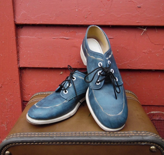 80s Pthalo Blue Vinyl Bowling Shoes Oxford Style Lace Ups