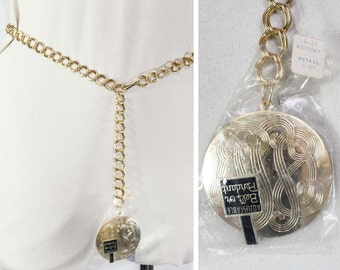 60s Chain Belt - Goldtone Medallion Disk - 1960s Hip Belt - Adjustable Size - Small Medium Large - Faux Monogram - Mint Condition - 45444