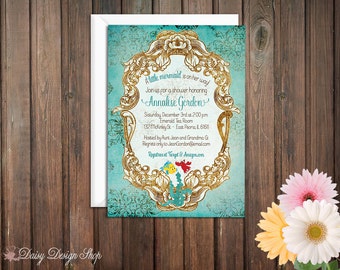 Baby Shower Invitation - Princess Ariel - Little Mermaid Damask and Frame