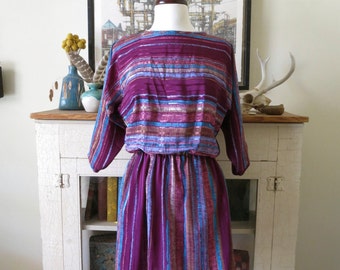 70s batwing dress, purple rainbow stripes, with back buttons, XS, S, M