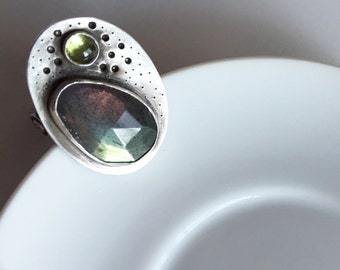 Sterling Silver, Labradorite, & Peridot Ring, Size 8.5