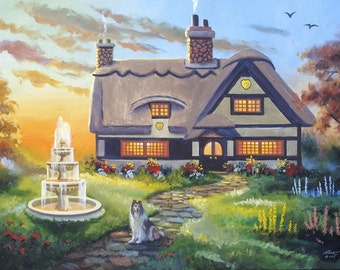 English Cottage painting by RUSTY RUST 24x36 heavy canvas / D-169