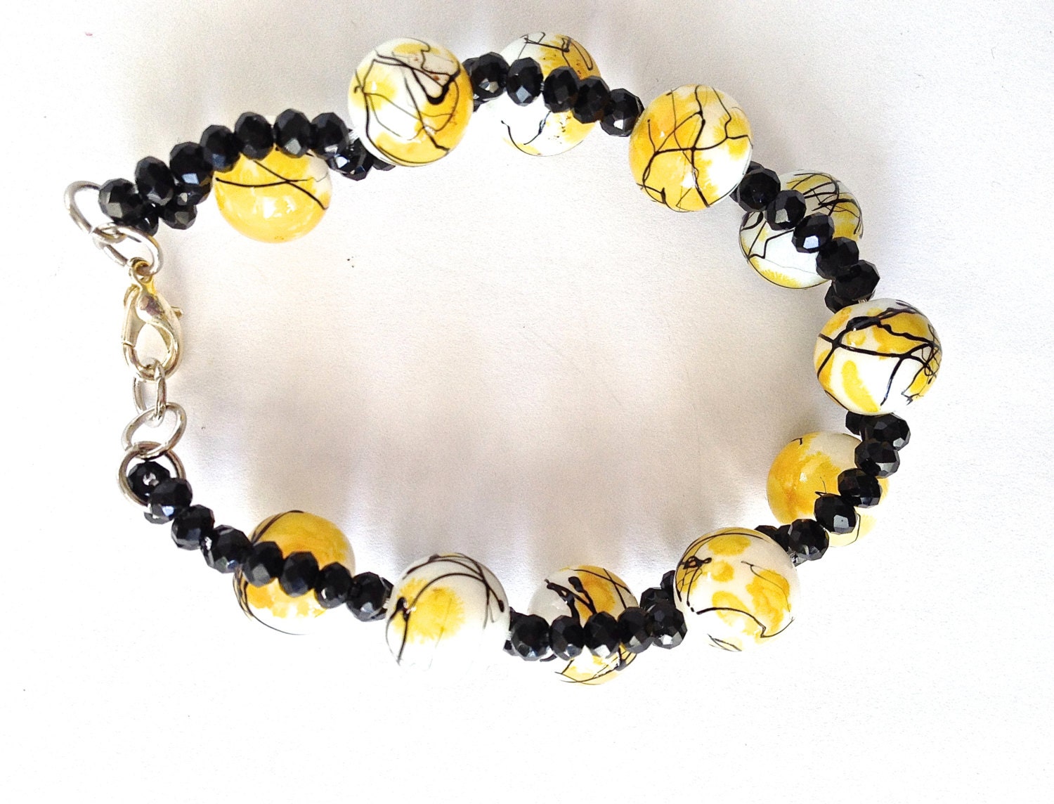 Woman's Beaded Bracelet Yellow Black and White Cuff