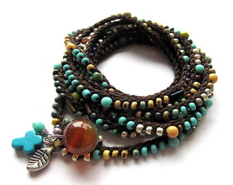 Aqua and brown mix crochet beaded wrap bracelet, summer fashion, boho jewelry, crochet jewelry, coffycrochet, gift for her, summer jewelry