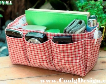 Purse organizer insert multi-pocket for handbag red black plaid Large 25x10 cm