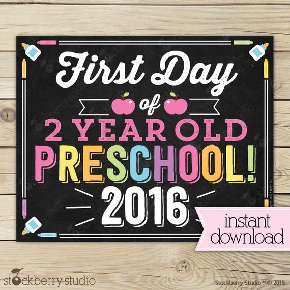 Girl First Day of 2 year old Preschool Sign by stockberrystudio