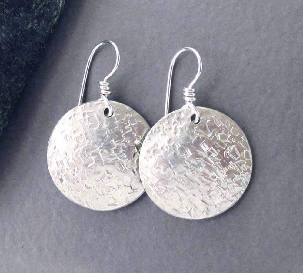 Hammered Silver Disc Earrings Textured Metal Round Drop
