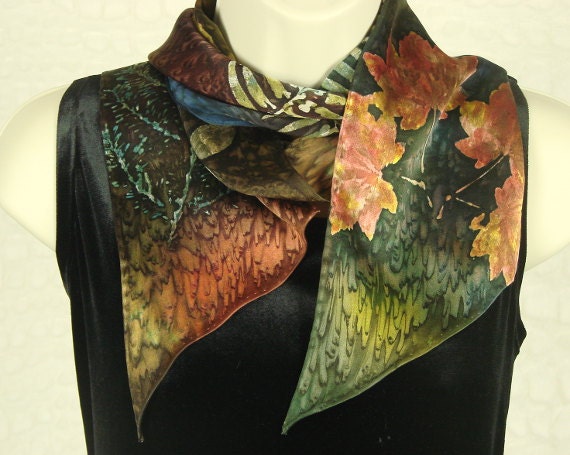 Silk Earth Tone Botanical Leaf Scarf by HartzSilk on Etsy