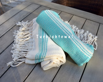 Turkishtowel-Soft-Set of 2-Hand woven,warp&weft cotton Hand,Tea,DishTowel-Herrigbone pattern,Teal and Natural Cream
