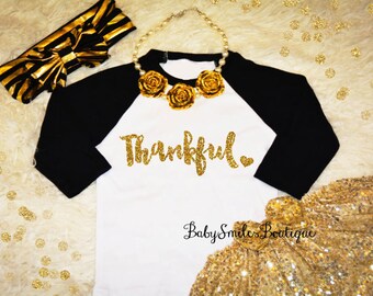 Thankful Raglan Shirt Thanksgiving Shirt Glitter Shirt Baby Shirt Girl Shirt Adult Shirt Fall Shirt Kids Shirt Gold Glitter Silver Glitter