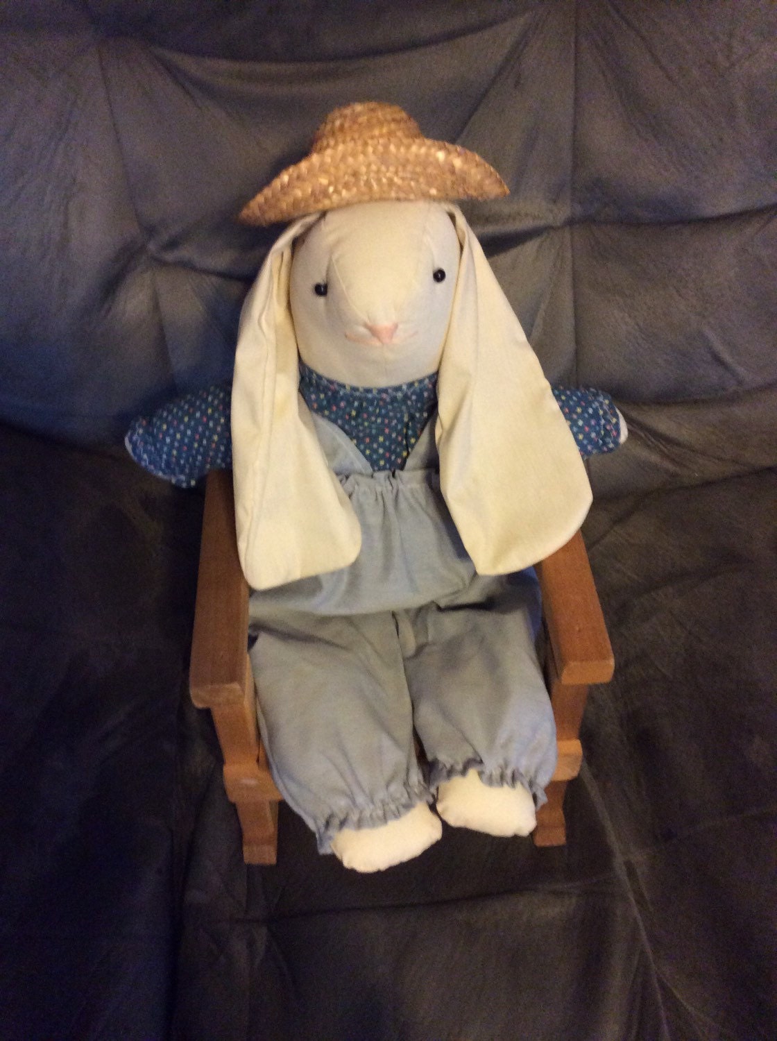 Handmade bunny dressed in overalls and straw hat I by EMTWTT