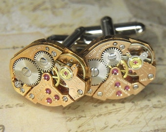 Steampunk Cufflinks Cuff Links - Torch Soldered - Rare Vintage ROSE GOLD BENRUS Watch Movements - Birthday Anniversary Gift - Exquisite Set