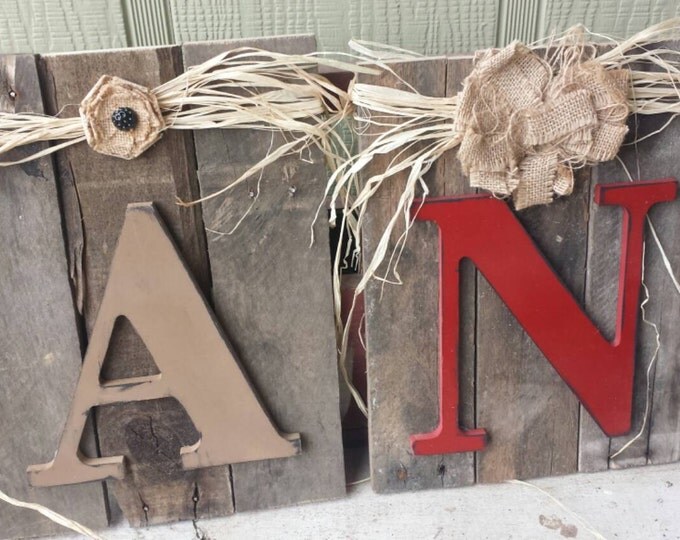 Ready to ship for holiday giving! Shabby Chic Repurposed Rustic Pallet Wood Sign with Monogram Initual and Burlap Bow and Raffia