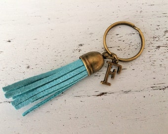 SUEDE TASSEL KEYCHAIN / Personalized Initial keychain / Suede Fringe Keyring / Gift Under 10 dollars / Stocking Stuffer / Letter and Tassel