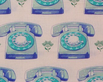 Rotary Phones, Retro Phones Fabric, Cotton and Steel, Blue Dial Phones, Trinket Collection, By the Yard