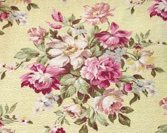 Pink Cabbage Rose and Lilac Floral Vintage Barkcloth Fabric Pillow
