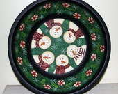 Winter Folk Art Hand Painted Large Wooden Bowl - MADE TO ORDER - Snowmen with Red Scarves, Candy Canes, Peppermints, Holly Leaves, Snow