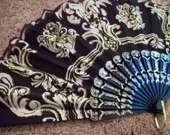 Vintage black and gold fan Gothic Steampunk hot flash photo prop display lady death asian spanish fan