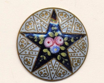 Antique Enamel Button - Star Pattern With Flowers - ca. 1890's