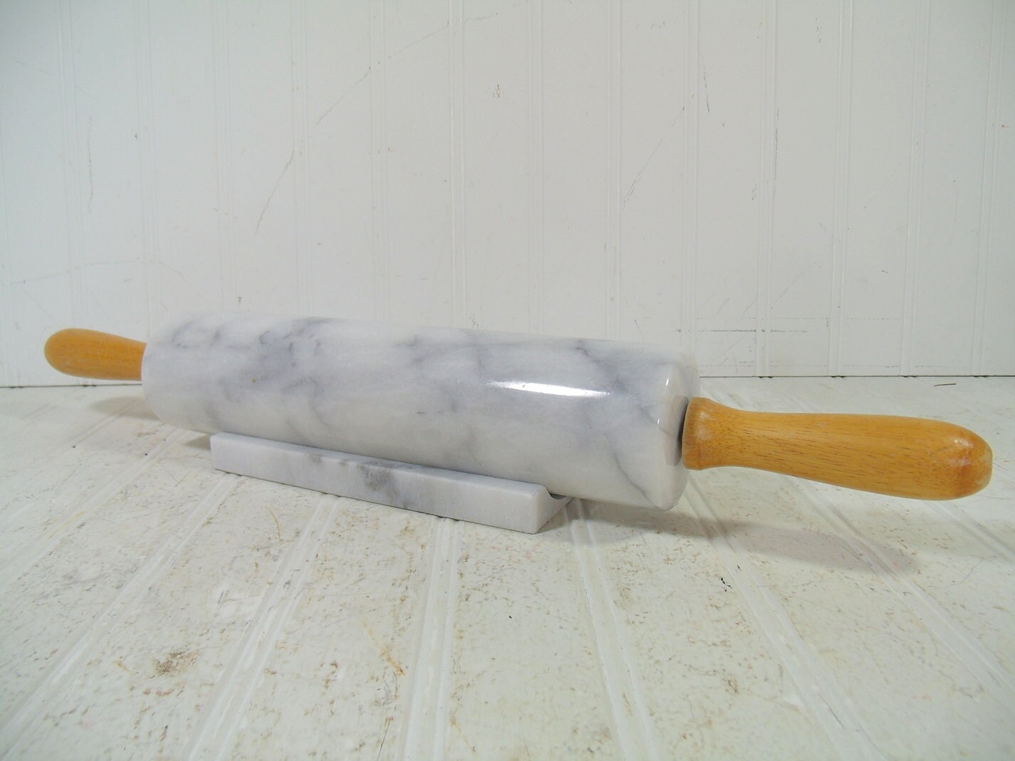 Vintage Marble Rolling Pin with Matching Rest White & Grey
