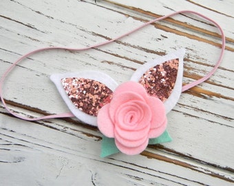 Easter Headband - Baby Easter Headband - Felt Flower Headband - Bunny Ears Headband