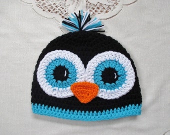 Black and Turquoise Crochet Penguin Beanie Style Hat - Photo Prop - Available in Any Size or Color Combination