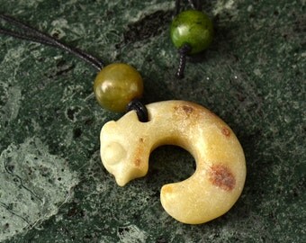 Ancient Jade Circular C Dragon Pendant Necklace with Antique Jade Beads by NeoWare