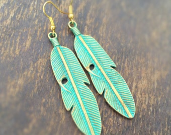 Feather Earrings - Patina - Gold Jewelry - Green - Southwestern Jewellery - Native American