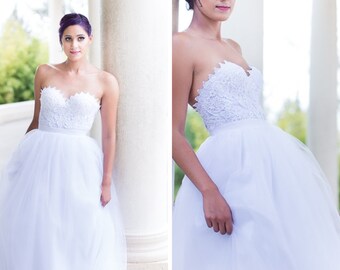 White Lace Corset, 2 piece wedding dress, Strapless, Couture, Lace Corset , Full Length, Floor length Tulle Skirt, Extra Full Skirt