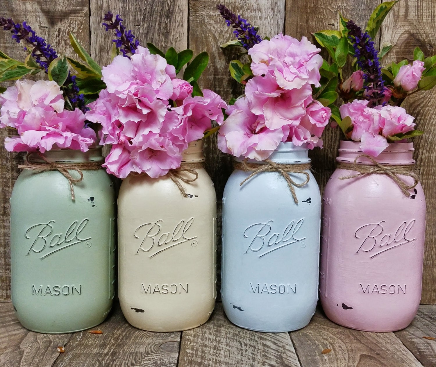 Set of 4 Ball Mason Jar VasesDistressed Chalk PaintQuart