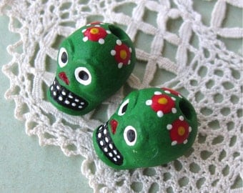 Day of the Dead Skull Beads Green Peru Handpainted Ceramic Vertical Hole (2)