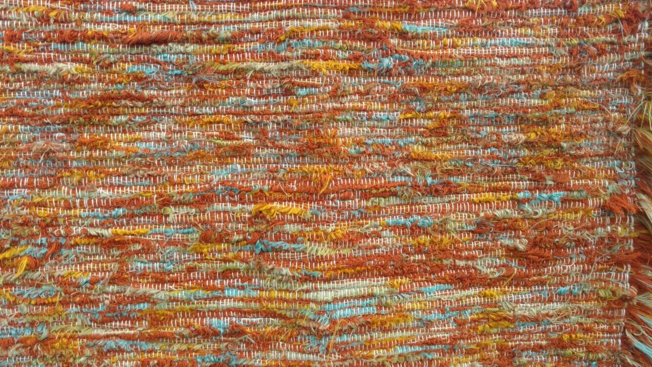 Orange Amish Rag Rug With Brilliant Turquoise Whites Cabin