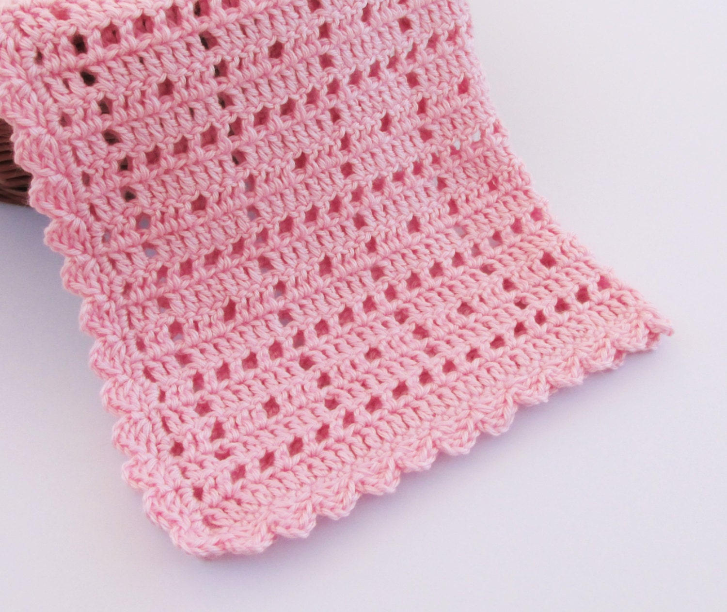 Crochet 19x19 Inch Baby Doll Blanket in Pink with Scallop